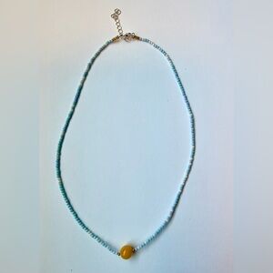 Elegant Blue seed bead necklace with yellow nature stone bead